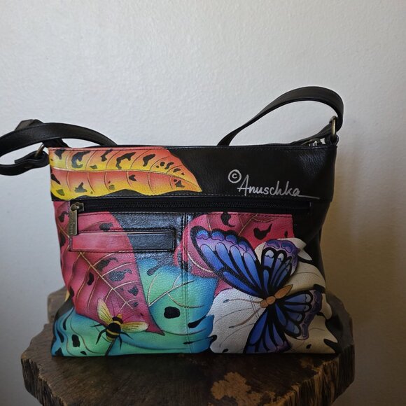 Anna by Anuschka Hand Painted Leather Crossbody Bag Butterfly Dragonfly New - Picture 3 of 16